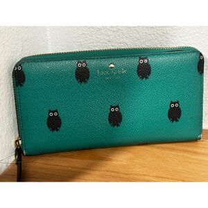 Kate Spade Wallet Zip Around Hawthorne Lane Owl Leather Green GUC ☘️